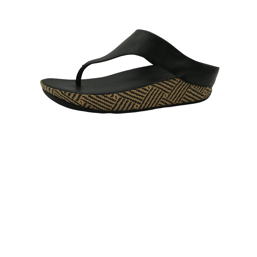 FitFlop Lulu Lux Women's US 8 Black Natural Weave Wedge Thong Platform Sandals